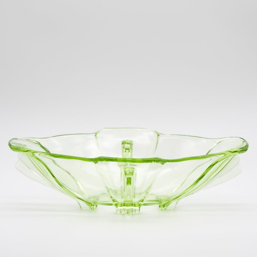 Frutero antiguo Art Déco de cristal de uranio de gran tamaño, raro, de 29 x 18 cm, estilo años 30