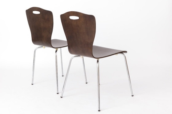 Een paar vintage multiplex eetkamerstoelen, Duits design uit de jaren 80, metalen poten, mid-century modern (photo 7 of 11)
