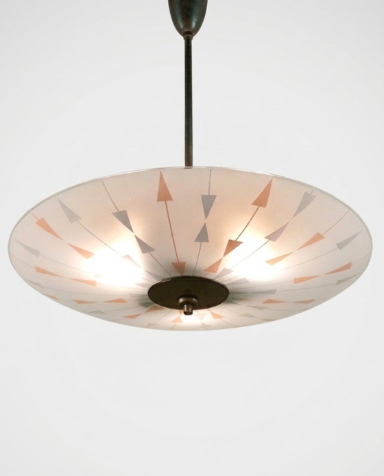Image 1 of Vintage Czech Brussels Style Pendant Lamp – Atomic Arrow Glass – Žukov, 1960s