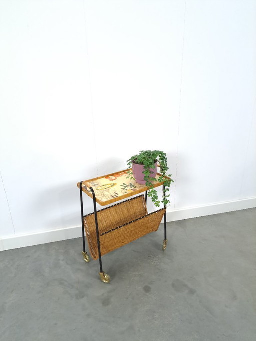 Portariviste con vassoio in formica su ruote, tavolino laterale