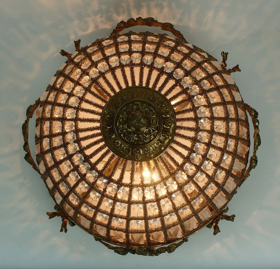Image 1 of grande lampada da soffitto glamour anni '60 cristalli di vetro bronzo stile hollywood regency anni '60-'70