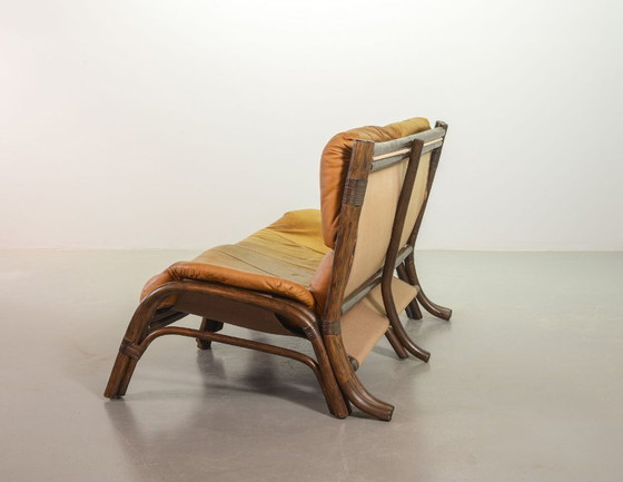 Image 1 of Brutalist Bentwood Love Seat Bamboo Sofa with Caramel Leather Upholstery, 1960s. 