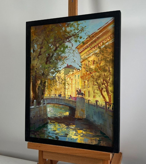 Original Oil Painting Autumn City Landscape The quiet whisper of a city park