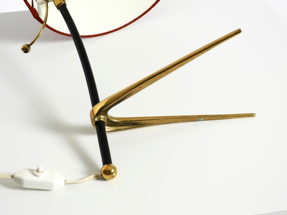 Image 1 of Beautiful, large, original Kalmar Mid-Century Modern tripod brass table lamp with a new fabric shade