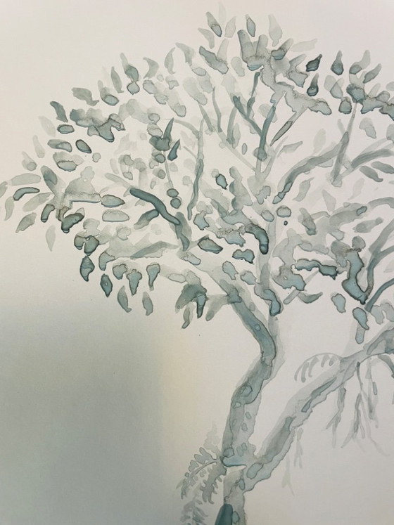 Image 1 of Signed watercolor, monochrome sage green landscape, "solitary tree"