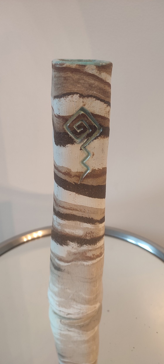 Image 1 of Turned stoneware vase, signed, with relief decoration