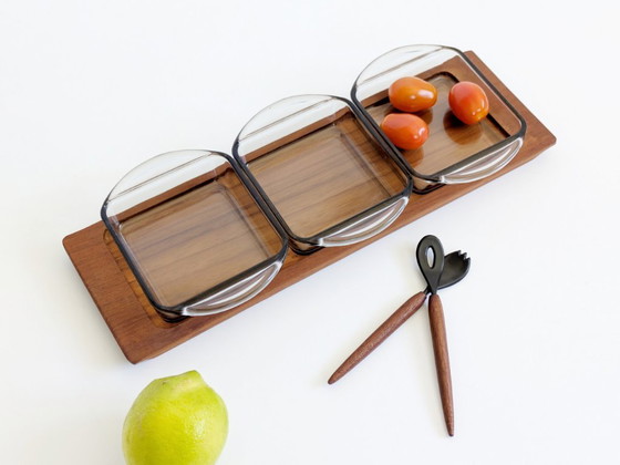 Image 1 of Danish Teak Serving Set, 3 Smoked Glass Bowls Original Spoon and Fork, Midcentury Kabaret Tray