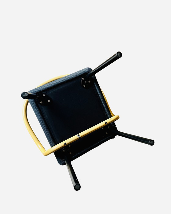 Image 1 of 4x Mandarin stoel van Ettore Sottsass voor Knoll, 1986 - Blauwe stof, armleuningen in bamboelook