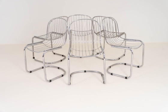 Image 1 of Set di 6 sedie da pranzo vintage in filo di ferro cromato