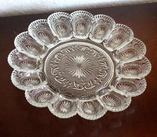 Plato grande antiguo para huevos, de vidrio prensado - años 20/30