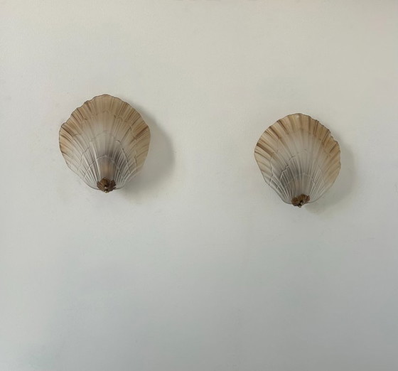 Image 1 of Coppia di appliques a conchiglia, vetro e ottone, Francia 1960