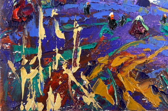 Image 1 of Original Oil Painting Summer Field Landscape Evening in the village