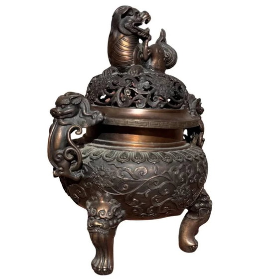 Chinese bronzen wierookbrander met Foo Dog deksel en leeuwenpoten – Decoratieve objecten, Klassiek (photo 2 of 8)