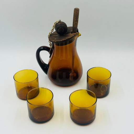 Vintage Sangria-Set aus Amberglas und Holz