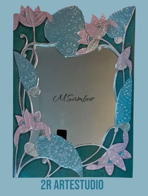 Mirror in a relief carved solid wood frame with hand painting.