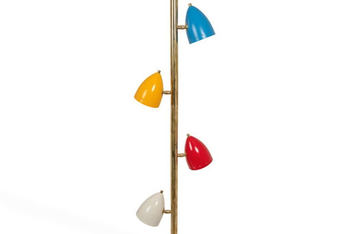 Tubular hanging lamp in patinated and lacquered brass. Contemporary