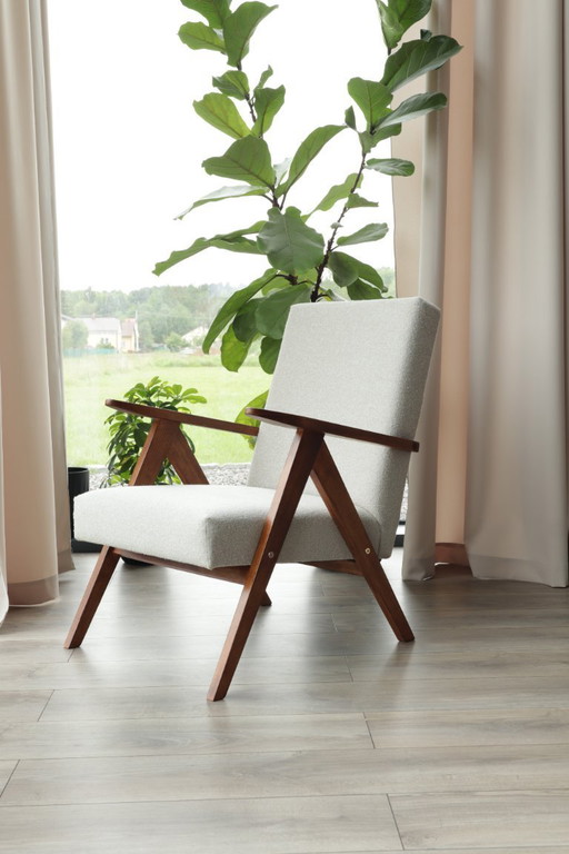 Mid - Eeuw Fauteuil Ecru Boucle Scandinavisch Design Houten Lounge Stoel