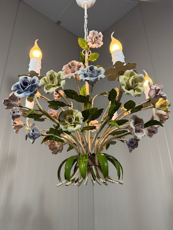 Image 1 of Italian chandelier with porcelain flowers 1950s