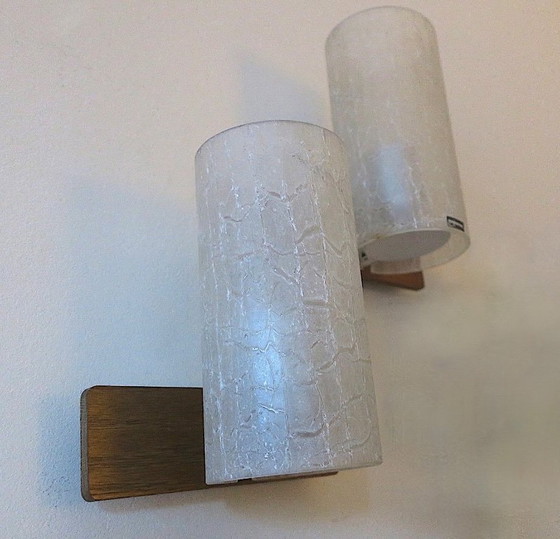 Image 1 of Pair of Doria Frosted Crackled Glass and Teak Wall Lights, 1960s