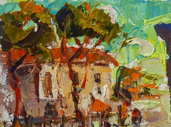 Image 1 of Original Oil Painting Autumn Street Landscape The city wakes up in the fresh air