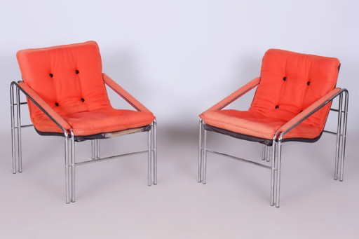 Originele 20e-eeuwse zitset met tafel, chroom, glas, Slowakije, jaren 70 – stoelen fauteuils, Textile