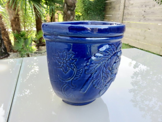 Image 1 of Wall-mounted flower pot with grape motif in glazed blue ceramic, 1970s