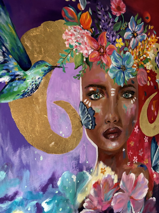 Image 1 of Original mixed media painting on canvas 80x80 – “Feiticeira” (signed) – colorful portrait with flowers & hummingbird