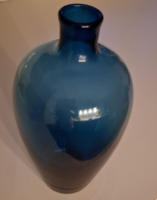 Mondgeblazen design flesvaas -petrolblauw  (28cm)