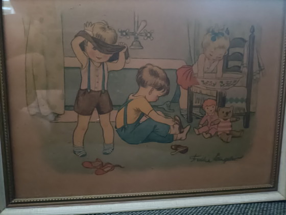 Image 1 of Set of 3 Vintage Children's Prints - 40s-50s - Charming Illustrations in Wooden Frames