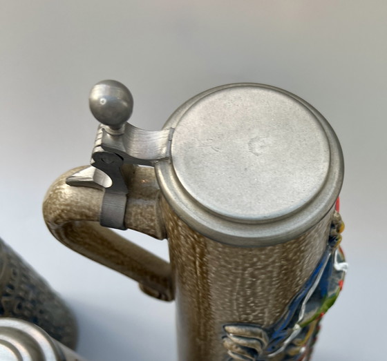 Image 1 of Lot de 4 chopes à bière vintage originales en grès avec couvercles en étain – König / GERZ – Allemagne, années 1970-1980