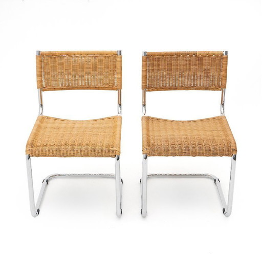 Paire de chaises Bauhaus en métal chromé et rotin, 1970