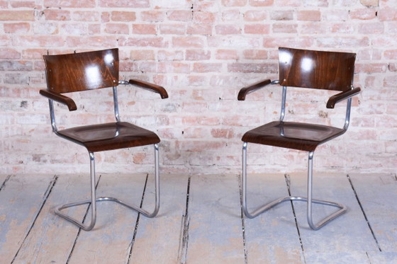 Set of 2 Restored Bauhaus Chairs, by Stam and Slezak, chrome, Czech, 1930s – Armchairs, Metal, Wood (photo 7 of 10)