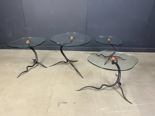 Vintage wrought iron and glass coffee table set, 1970s - Belgium