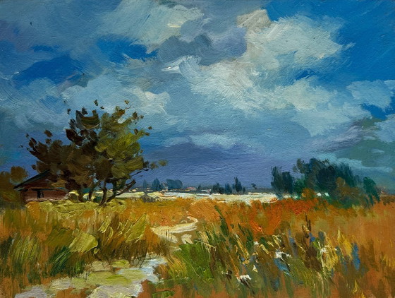 Image 1 of Original Oil Painting Summer Field Landscape The sun shines through the clouds
