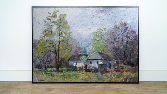 Origineel olieverfschilderij Landelijk landschap Dorpsleven Ouderlijk huis – Schilderijen & Tekeningen, Mdf (photo 3 of 5)