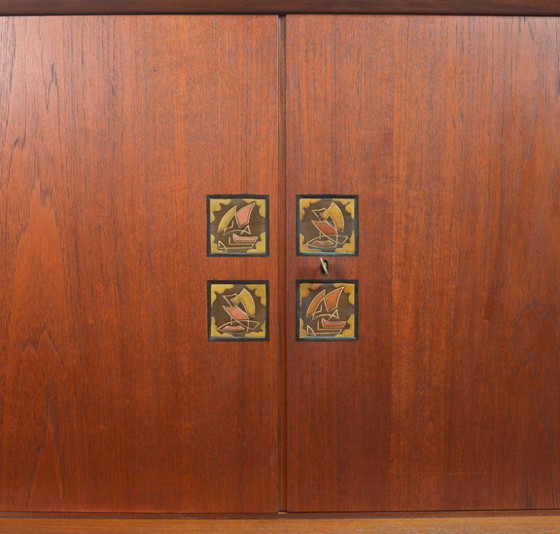 Image 1 of Mid-Century Louis van Teeffelen Design Teak Wooden High Sideboard for Webe with Ceramic Ravelli Tiles. The Netherlands, 1960s