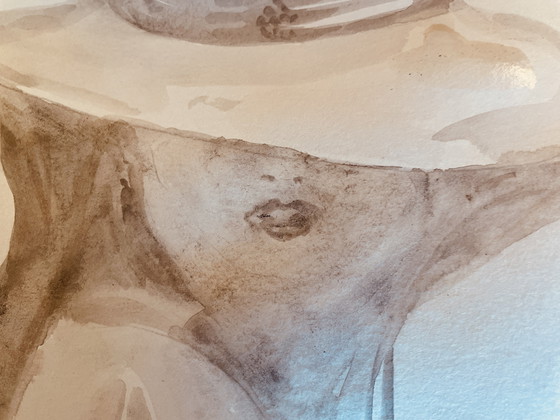 Image 1 of Dipinto firmato acquerello monocromatico seppia ritratto femminile "Estate"