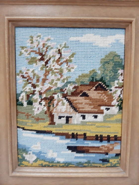 Image 1 of Vintage German Hand Needle point, Gobelin, spring landscape, framed