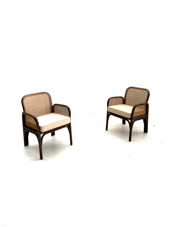 Set di 2 poltrone vintage in manou e tessitura, anni '60, Legno, Vimini, Marrone (foto 4 di 8)