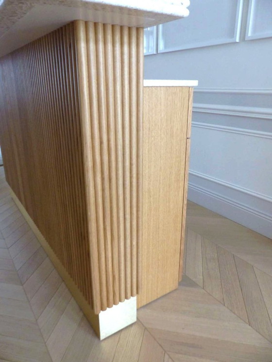 Image 1 of Moderne Bar aus massiver Eiche und doppelter Terrazzo-Arbeitsplatte – Einzigartiges Stück