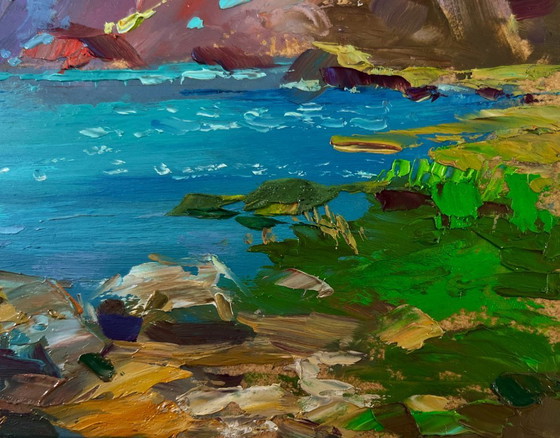 Image 1 of Original Oil Painting Coastal Rock Landscape Sailboats on the sea