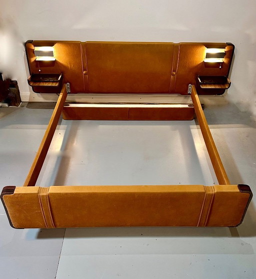 Vintage 1970s bed in rosewood, chrome-plated metal and velvet-like fabric