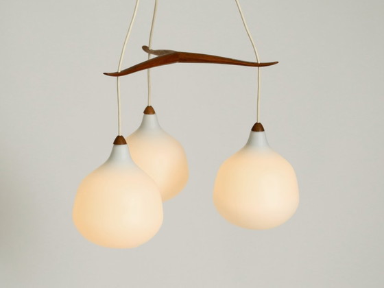 Image 1 of Beautiful pendant lamp with three opal glass shades and a teak frame by Uno & Östen Kristiansson for Luxus Vittsjö, Sweden 1957