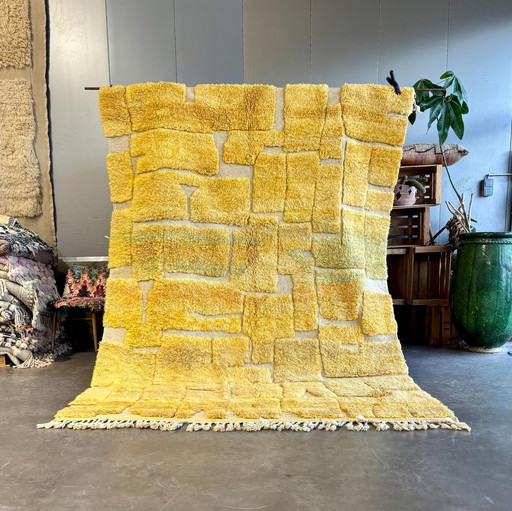Moroccan Mrirt Yellow Wool Rug 210x300 cm - Modern Handmade Berber Carpet - Interior Living Wool Rug - Berber Moroccan Carpet