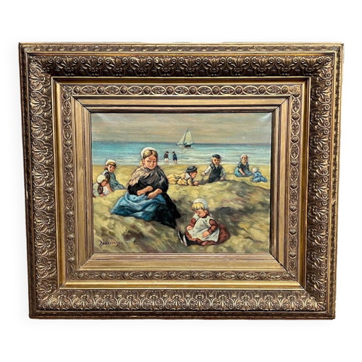 Johannes Evert Akkeringa ( ). “Kinderen spelen op het strand”. Beroemde Nederlandse kunstenaar. – schilderijen tekeningen