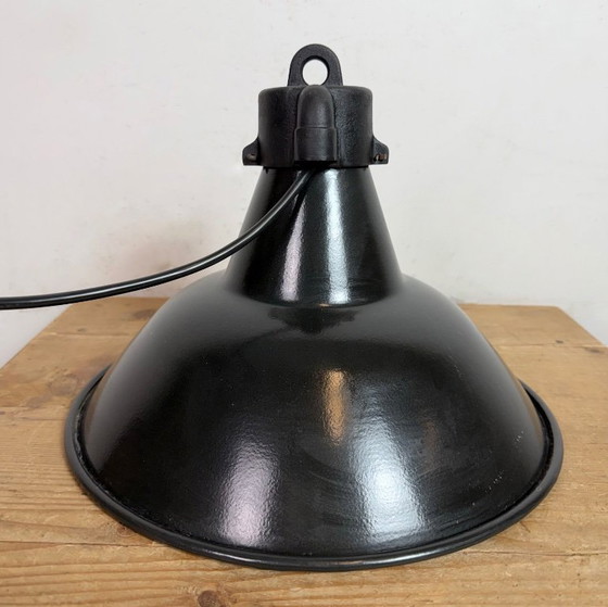 Image 1 of Industrial Black Enamel Factory Lamp with Cast Iron Top, 1950s