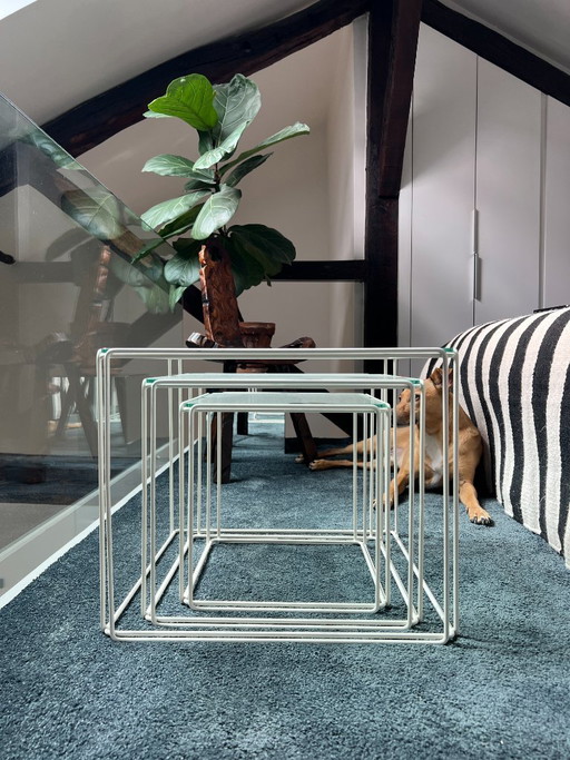 3 nesting tables by Max Sauze for Isocèle – 1970s – white metal & glass