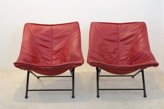 Molinari Foldable Easy Chairs Designed by Teun Van Zanten, Armchairs, Leather, Metal, Red, Mid Century Modern (photo 5 of 10)
