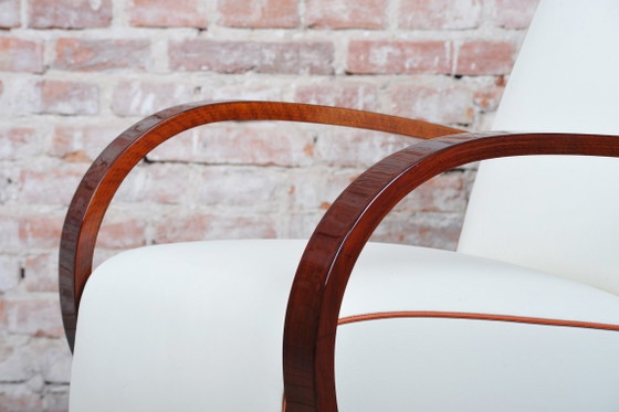 Een paar gerestaureerde art-deco fauteuils, walnoothout, leer, opnieuw gepolijst, Tsjechisch, jaren 1930 (photo 2 of 11)