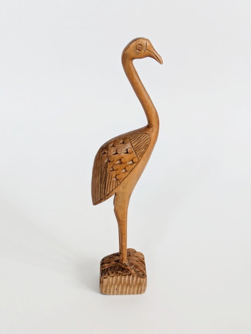 Midcentury Teak Wood Crane Sculpture, Hand Carved Bird, Scandinavian Modern Decor